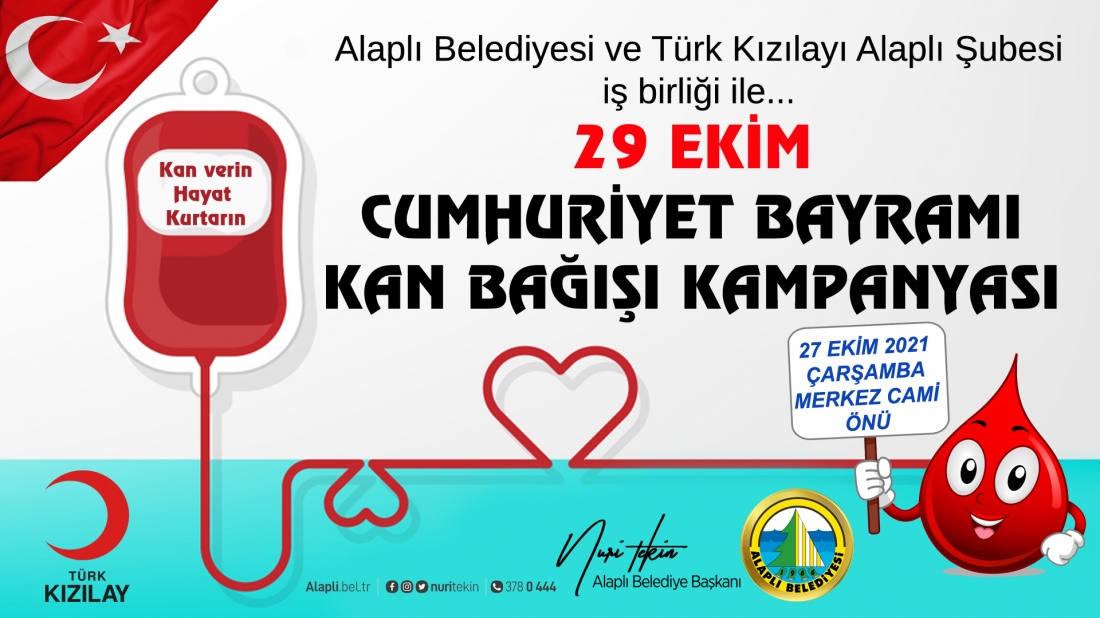 Cumhuriyetimizin 98.Yıl dönümünde Alaplı Belediyesi ve Türk Kızılayı Alaplı Şubesi iş birliğinde kan bağışı kampanyası düzenlenecek.